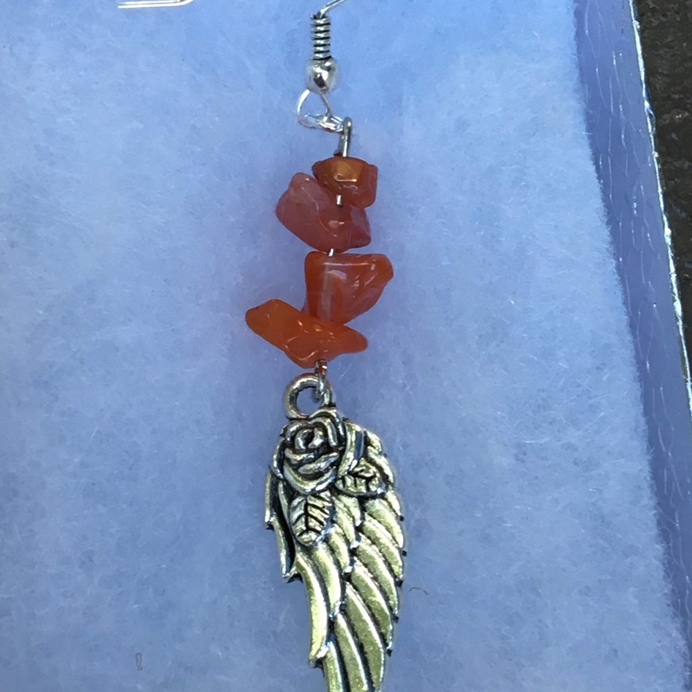 Red Fire Agate Silver Angel Wing Dangle Earrings - Picture 6 of 8